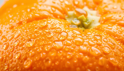 Water droplets covering the surface of a ripe orange, highlighting texture and freshness, studio lighting 2