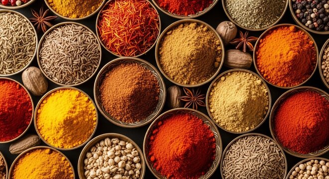 Aromatic spices in bowls: Saffron threads, cumin seeds, turmeric powder, and chili powder