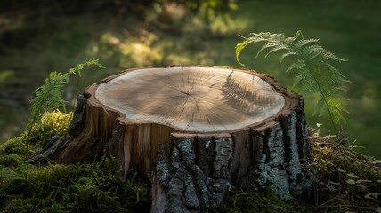 Fototapeta premium Tree stump with moss and ferns in dappled sunlight in a forest