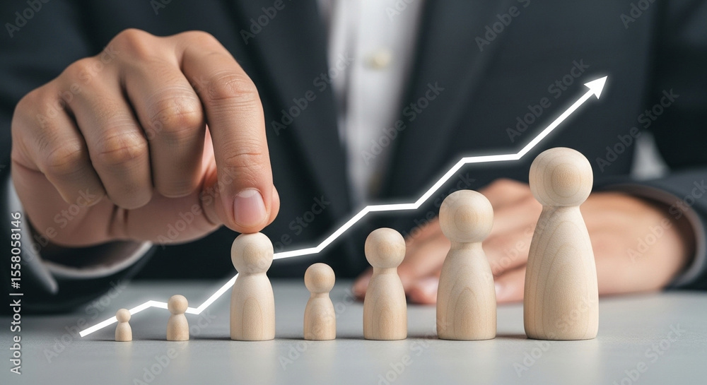 Poster person placing a wooden peg on a growth chart with an upward trending arrow in the background