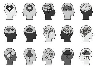 Collection of stylized human head profiles illustrating diverse mental states and cognitive processes with symbolic icons