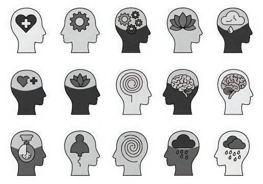 Collection of stylized human head profiles illustrating diverse mental states and cognitive processes with symbolic icons