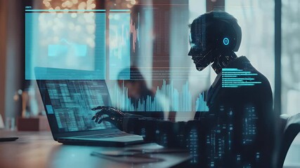 Futuristic robot working on a laptop with overlaid data visualizations - Powered by Adobe