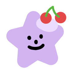 Illustration of smiling star with cherry for decoration, cartoon character, comic, mascot, sky elements, plush toy, kid doll, sticker, cute patch, badge, brooch, icon, logo, tattoo, sweet dessert
