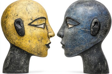 Two Stylized Textured Head Sculptures in Yellow and Blue Facing Each Other in Studio