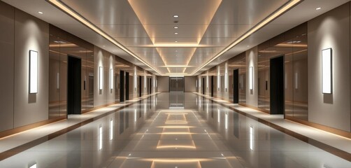Fototapeta premium Sleek modern hallway, polished floors, recessed lighting, minimalist design, black, polished floor