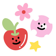 Illustration of happy cherry, star, flower for fruit, vegan, cartoon character, comic, plush toy, kid doll, sticker, spring, summer, fabric print, decoration, icon, brooch, cute patch, nature, garden