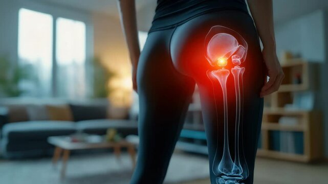 Hip pain injury and joint inflammation concept with highlighted pelvis femur bone in woman wearing sportswear standing in modern living room health care discomfort musculoskeletal system illustration