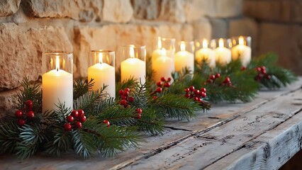 Elegant Christmas table decoration with candles, evergreen branches and red berries creating a warm and festive atmosphere.