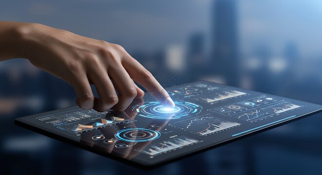 Hand Manipulating Holographic Digital Data Display - Powered by Adobe