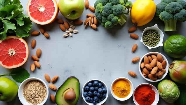 Assortment of fresh fruits vegetables nuts and spices arranged on a gray background