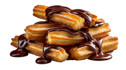 Delicious churros drizzled with rich chocolate sauce and sprinkled with sugar isolated on transparent background