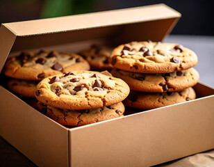 Stack of Chocolate Chip Cookies in a Brown Box