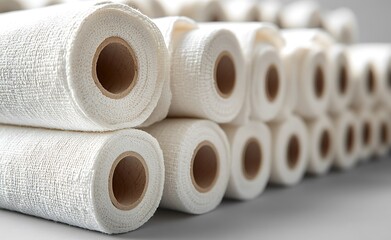 White paper towel rolls mockup in staggered horizontal stack

