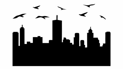 Naklejka premium Silhouette of a cityscape with various buildings and birds flying above the skyline in black and white