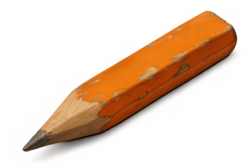 Studio shot of a short orange carpenter pencil with chipped paint, isolated on transparent background