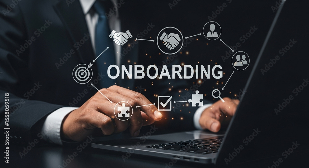 Poster onboarding concept with businessman using laptop and icons representing teamwork and goals achieveme