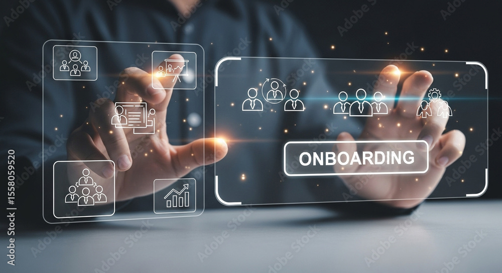 Poster Person interacting with digital onboarding interface with team and graph icons displayed clearly