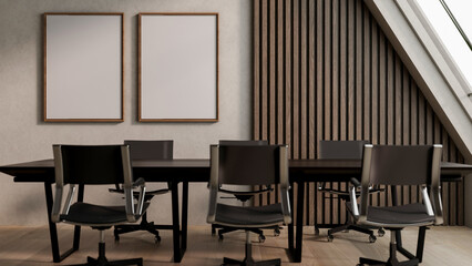 Black table and swivel chairs with blank frames on wooden slats wall of an office's meeting room.