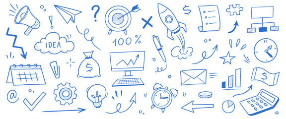 Business money sketch idea icon set. Hand drawn sketch elements for startup, project, goal and teamwork. Business graphic chart, rocket, growth marketing concept in chalkboard. Vector illustration