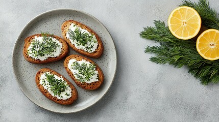 Toasted bread slices topped with creamy spread and fresh dill.