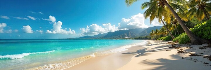Fototapeta premium Hawaiian Beach Paradise Turquoise Waves, Palm Trees, and Sun-Kissed Sands