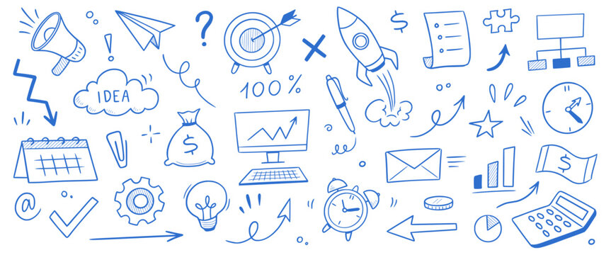 Business money sketch idea icon set. Hand drawn sketch elements for startup, project, goal and teamwork. Business graphic chart, rocket, growth marketing concept in chalkboard. Vector illustration