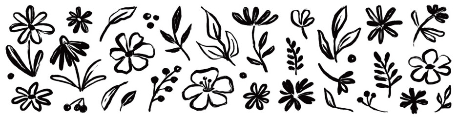Obraz na płótnie Canvas Flower brush hand drawn vector set. Hand drawn doodle flower, floral leaf elements in brush stroke ink style. Simple abstract botanical silhouette set for nature black paint art. Vector illustration