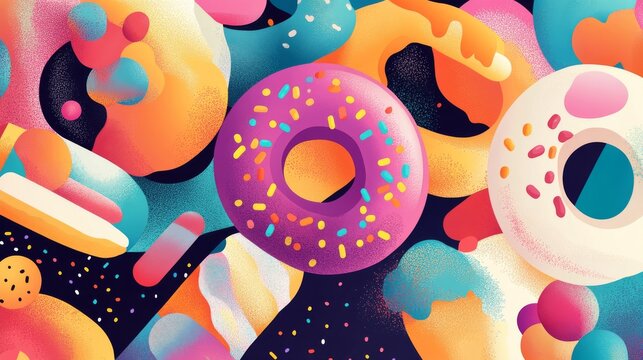 105.Playful vector illustration featuring donuts with various toppings like sprinkles and icing, styled in a horizontal layout with bold yet fun typography space in the middle for custom messages.