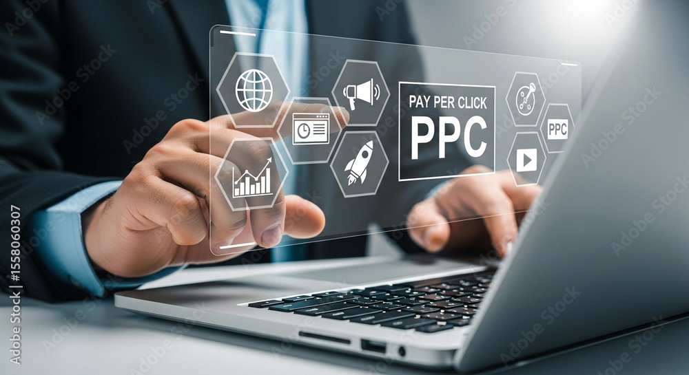 Poster Man using laptop with pay per click interface and business icons overlaying the screen display area