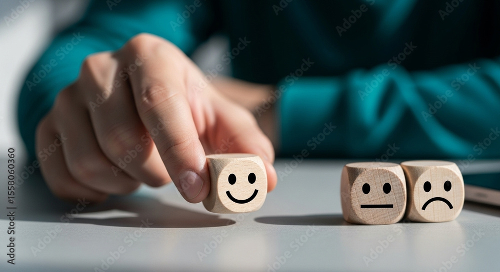 Poster Hand selecting a wooden cube with a happy face from a set of emotion dice on a white surface