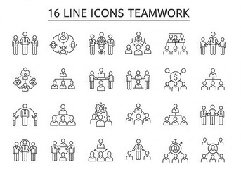 A collection of sixteen diverse line art icons representing teamwork collaboration and organizational structures with people figures