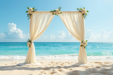 Romantic Oceanfront Arch with White Drapes and Florals

