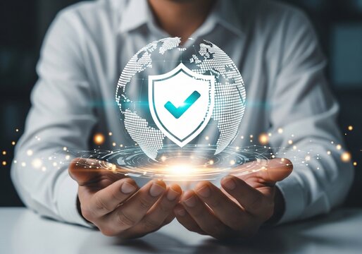 Businessman with virtual cyber security technology and online data protection for security of data storage used by global business network server to secure cyber information. - Powered by Adobe