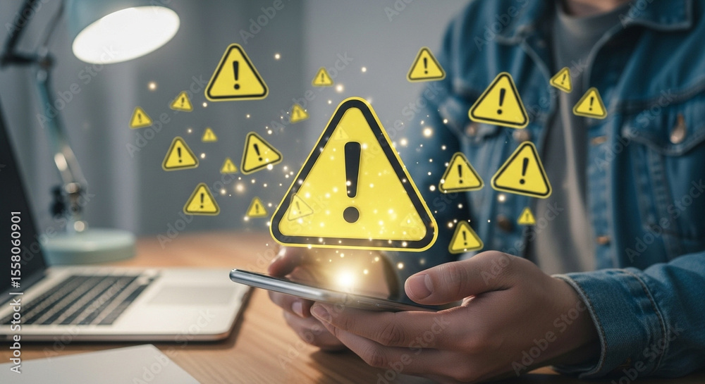 Poster Person using a smartphone with yellow warning signs floating around it on a wooden desk top view