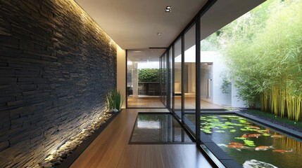 63.Modern home hallway featuring a textured natural stone wall, smooth wooden flooring, and expansive glass panels framing a serene view of a courtyard with a small koi pond and bamboo plants.