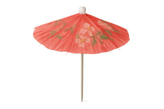 Colorful cocktail umbrella with bright floral pattern, symbolizing festive summer beverage garnish on clean transparent backdrop