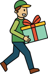 Happy delivery man in a cap carrying a gift box with a red ribbon isolated on white background