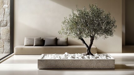 71.Modern living area with a carefully placed olive tree in a rectangular planter filled with white stones, soft natural lighting enhancing the minimalist furniture and muted color palette.