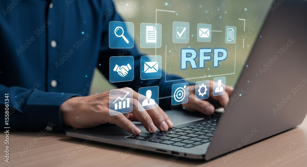Aufkleber a person typing on a laptop with rfp icons overlaid showing business and communication concepts onli