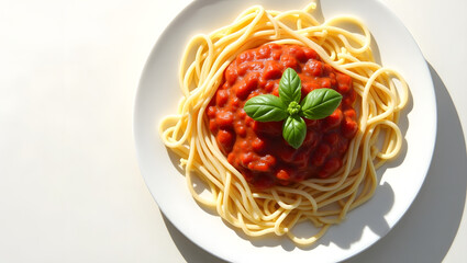 A beautifully plated dish of spaghetti, generously coated in vibrant tomato sauce, adorned with a fresh basil leaf, bathed in the warm glow of natural sunlight, inviting culinary delight.