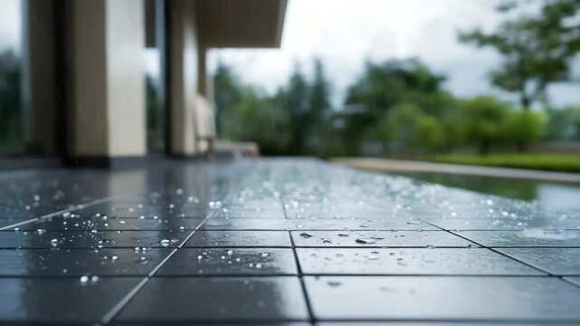 Wet black tile floor with raindrops reflecting modern house exterior, blurred green garden and trees in background, peaceful rainy day atmosphere, outdoor patio, calm and soft natural light