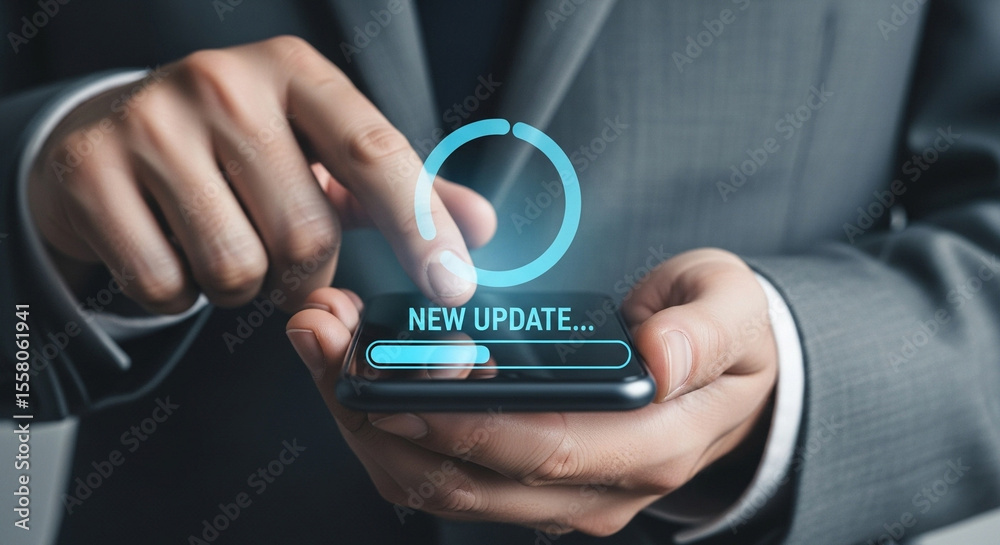Poster Person holding smartphone with new update notification and loading bar on the screen display showing