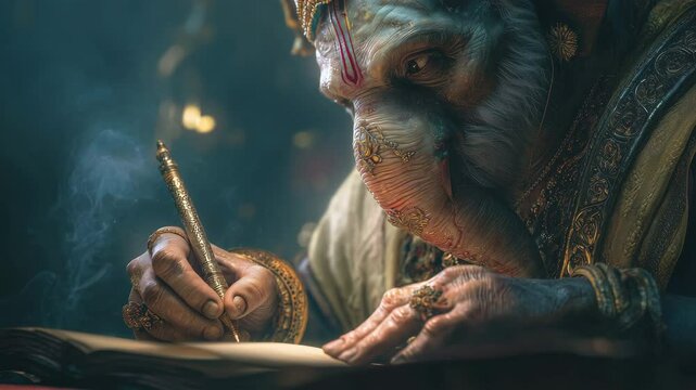 Photorealistic depiction of Ganesh writing the Mahabharata, exuding a serene and mystical atmosphere, surrounded by soft light and smoke. A moment of divine creation and wisdom.