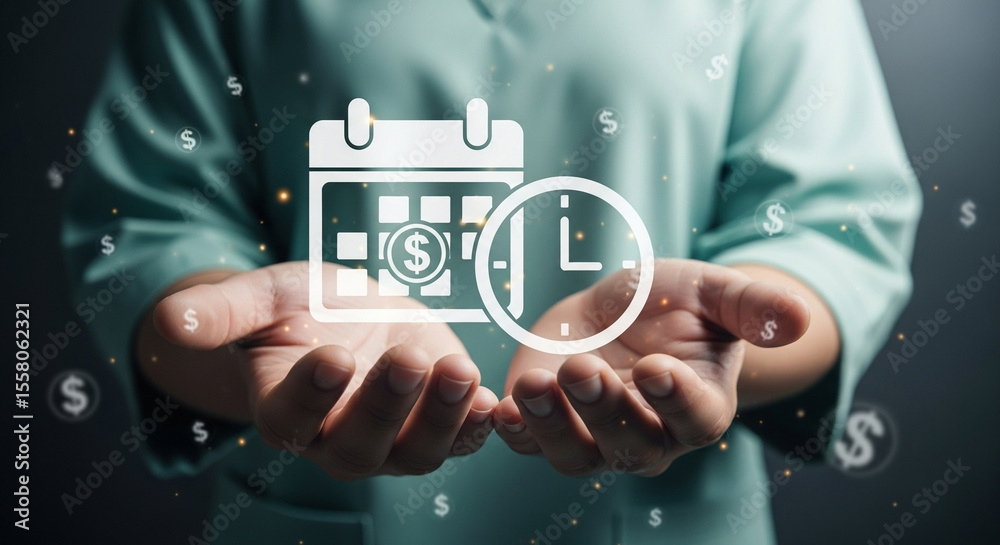 Poster Person holding calendar and clock icons with dollar symbols floating around in a digital overlay