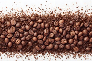 Close-up shot of coffee beans scattered on coffee grounds. The beans are roasted to perfection, with rich, dark brown color