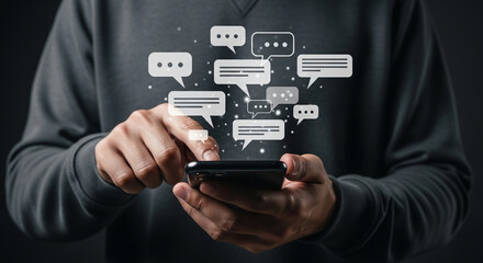 Person using smartphone with speech bubbles floating above device in a dark gray background setting
