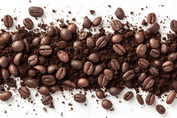 A close-up shot of roasted coffee beans scattered on a bed of ground coffee. The composition exudes a rich aroma and a warm, inviting tone. 