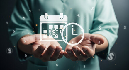 Person holding calendar and clock icons with dollar symbols floating around in a digital overlay