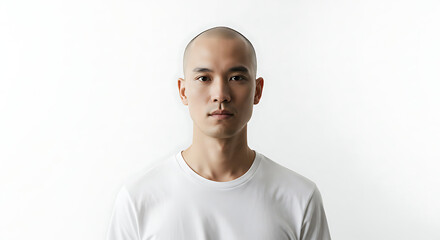 Portrait of a Bald Asian Man Wearing a White T-Shirt